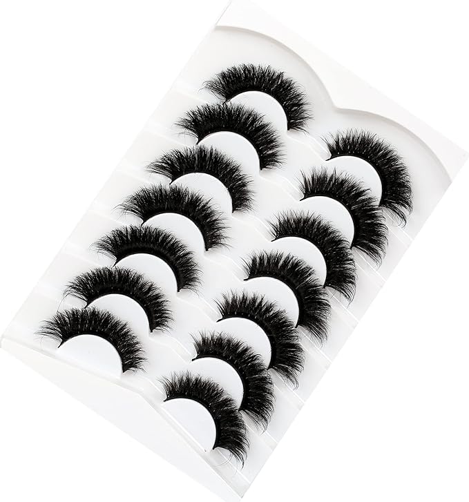 Pooplunch False Eyelashes Cat Eye Look 18MM Dramatic Volume Thick Wispy Long Faux Mink Lashes Fake Eyelash Strips 7 Pairs Pack