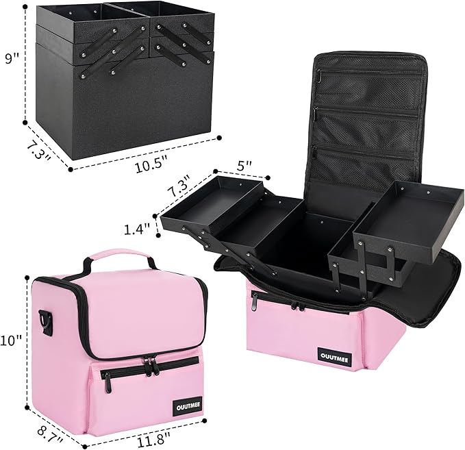 Makeup Travel Train Case, Black Makeup Carrying Organizer Bag, 4 Tier Professional Organizer Case with Straps Pockets for Make Up Tools