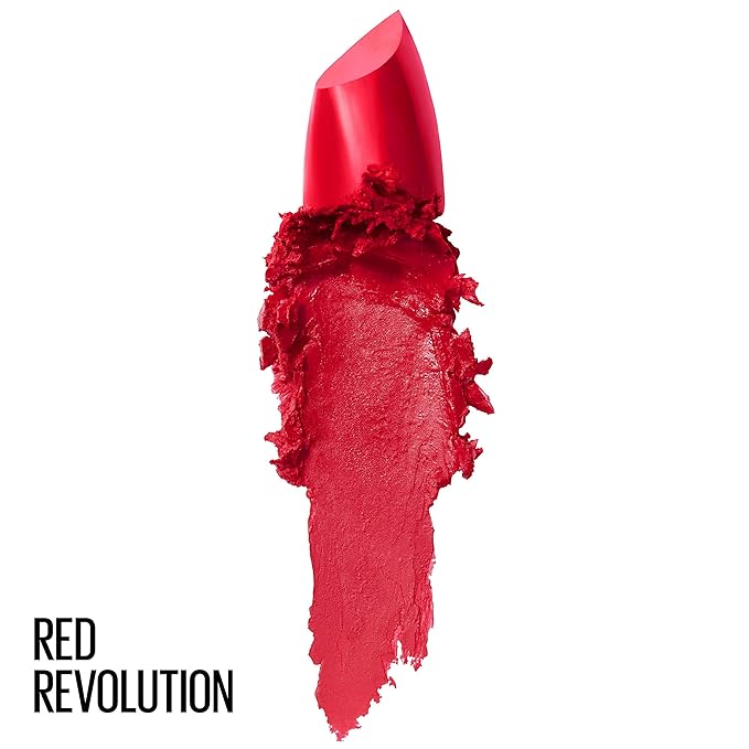 Maybelline Color Sensational Lipstick, Lip Makeup, Cream Finish, Hydrating Lipstick, Nude, Pink, Red, Plum Lip Color, Red Revolution, 0.15 oz; (Packaging May Vary)