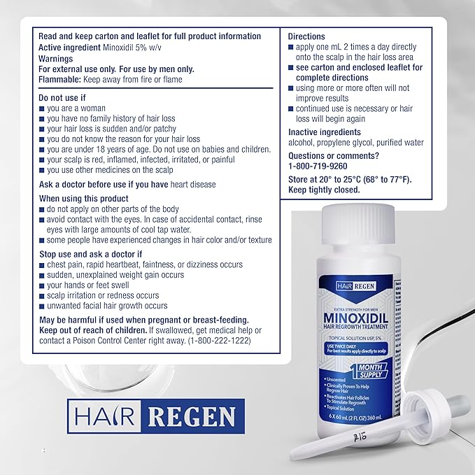 Liquid Minoxidil Men 5% Percent - Extra Strength Advanced Topical Solution for Regrowth Serum Drops - Clinically Proven Growth Treatment for Hims Hair Loss 6 Pack as 6 Months Supply Kit