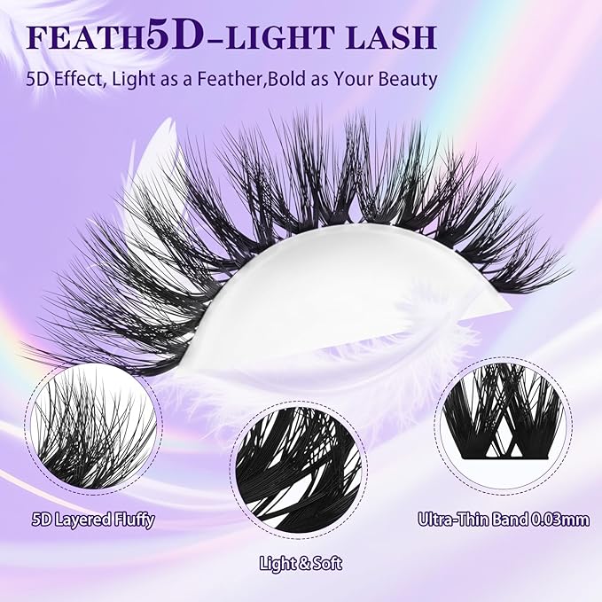 B&Q Lash Clusters Kit 144 pcs 5D Layered Volume Lash Extension Kit 8-18 mm Feathery Soft Lightweight Volume Eyelash Clusters with Waterproof Bond and Seal Eyelash Applicator Remover (Set-Feath5D 01)