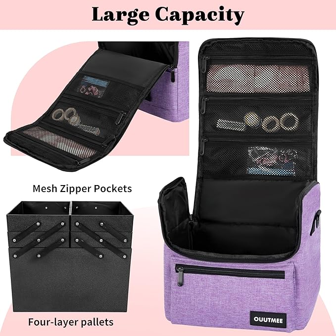 Makeup Travel Train Case, Black Makeup Carrying Organizer Bag, 4 Tier Professional Organizer Case with Straps Pockets for Make Up Tools
