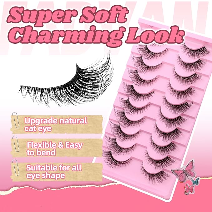 Natural Cat Eye Lashes Wispy False Eyelashes Thin Cotton Band Soft Mink Lashes Natural Eye Lashes Kit with Clear Glue Pack 10 Pairs by FADVAN-By003