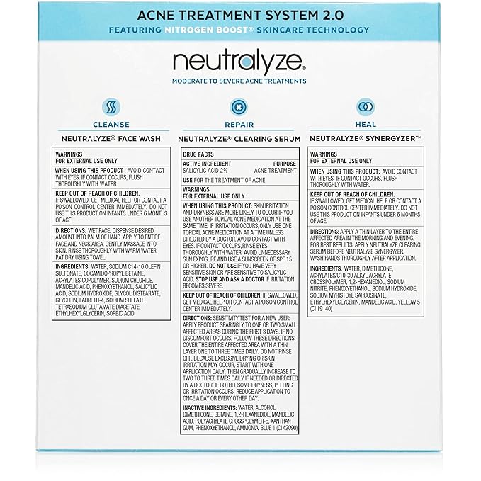 Neutralyze Moderate to Severe Acne Treatment Kit 2.0 - Maximum Strength 3 Step Acne Kit with 2% Salicylic Acid, 2% Mandelic Acid & Nitric Oxide - Includes Face Wash, Clearing Serum & Synergyzer
