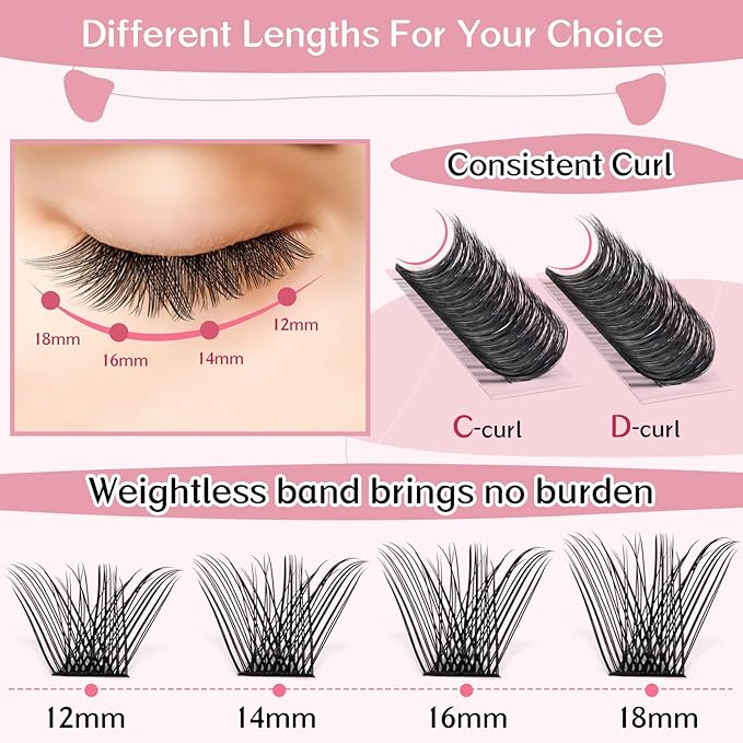 Lash Clusters, 72 Pcs Individual 12-18mix Cluster Lashes DIY Lash Extension Eyelash Clusters Volume Wispy Lashes Super Thin Band Reusable Soft & Comfortable(Volume-D-12-18 mix)