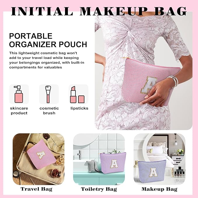 Initial Makeup Bag Set for Women - Travel Pouch, Portable Cosmetic Bag Make up Kit Pouch | Travel Essentials Cute Makeup Bag Birthday Gifts for Women, Pink Letter R