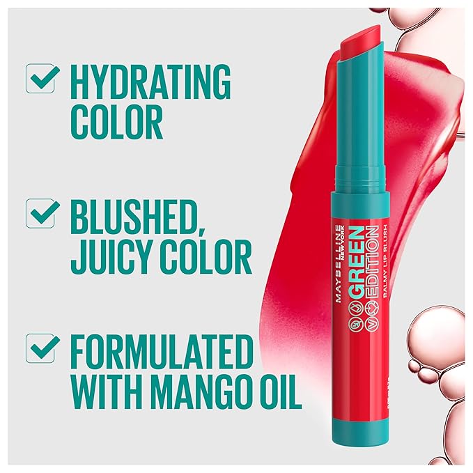 Maybelline Green Edition Balmy Lip Blush, Formulated With Mango Oil, Sandalwood, Brick Red, 1 Count