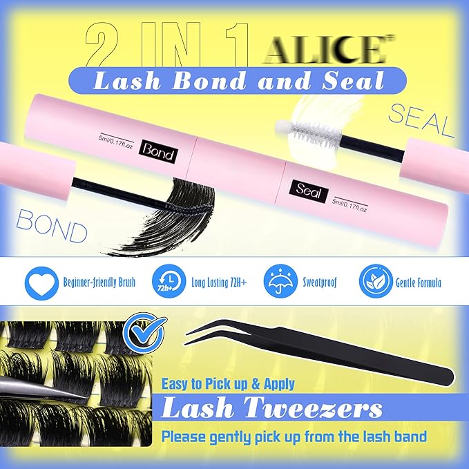 ALICE Lash Clusters Kit - 200D Russian Thick Eyelash Clusters Kit (Wispy & Spiky) - Lash Extension Kit with Lash Bond and Seal, Tweezers, Reusable Eyelash Clusters for Dramatic Volume Makeup