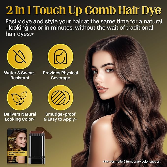 Hair Color Stick, 2 in 1 Instant Dye, Hair Dye Stick, Safe Portable Color Touch-Up Hair Sticks, Cover Gray Hair Color Correction Sticks for Women & Men, Waterproof and Sweat-Proof, 2Pack (Light Brown)
