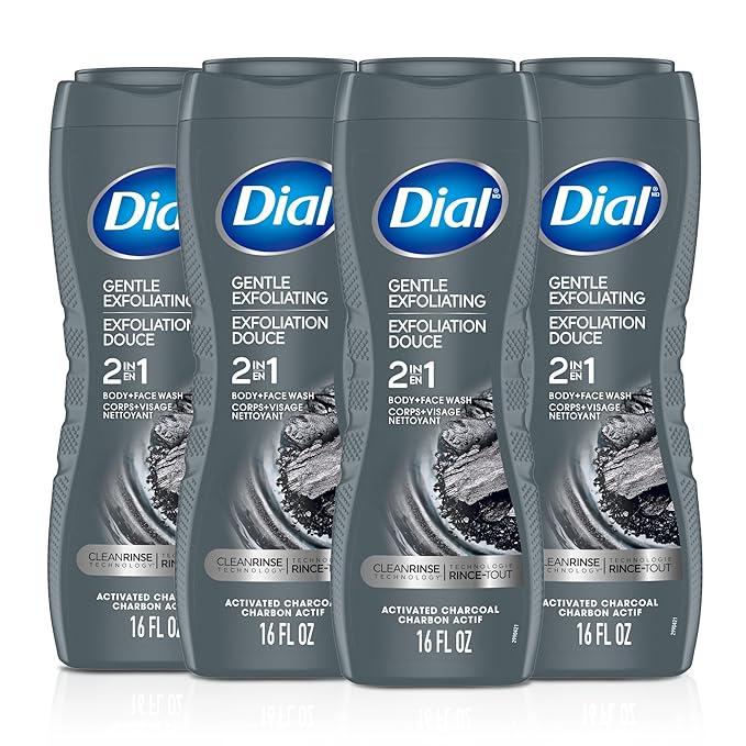 Dial Men 2 in 1 Body and Face Wash, Activated Charcoal, 16 Fl Oz, Pack of 4, Gentle Exfoliating Body Wash with Clean Rinse Technology