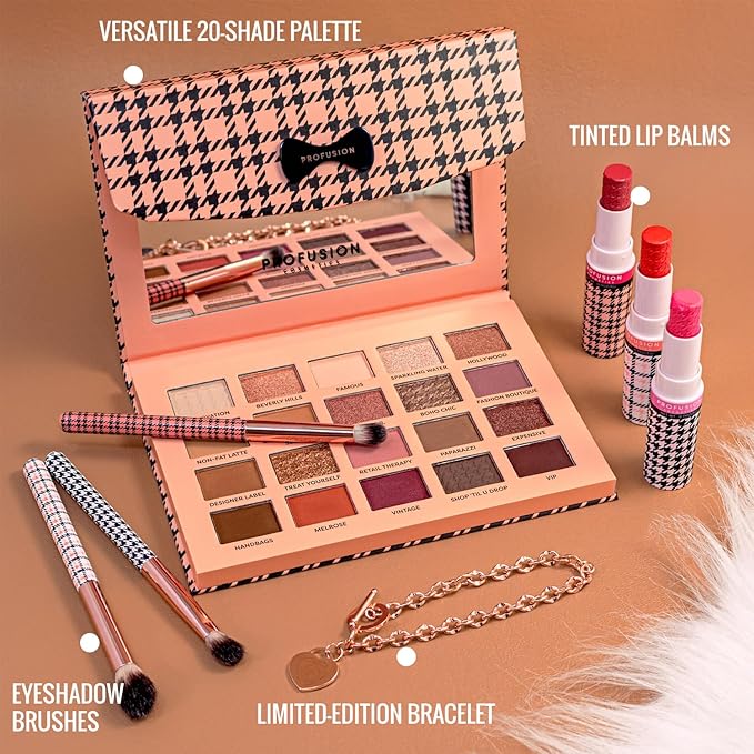 Profusion Cosmetics Beverly Hills PR Box – 20 Shade Beauty Clutch Palette with Mirror, 3 Pc Eyeshadow Brushes & Lip Balm Trio for Luxe, Pigmented Makeup to Enhance Your Beauty Routine