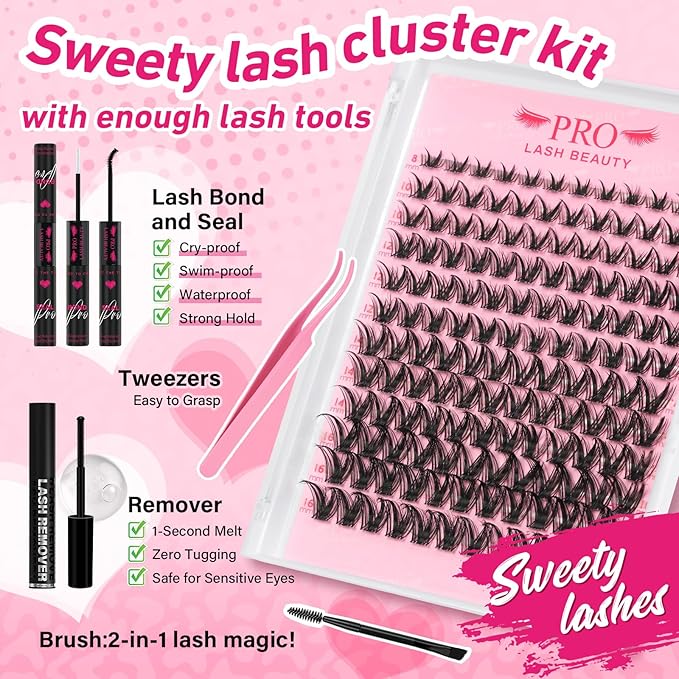 PRO LASHBEAUTY Manga Lash Clusters Kit with Lash Bond and Seal Eyelash Applictor Lash Remover DIY Lash Extension Kit for Beginner Waterproof Resuable Eyelash Extensions at Home (Sweety,8-16mix)