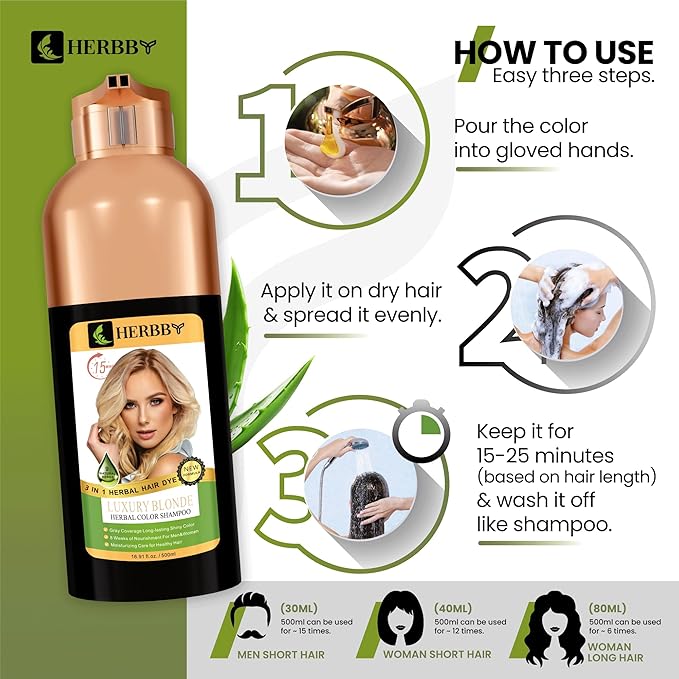 HERBBY Hair Color Shampoo for Gray Hair Coverage&Color Transform with 9 Herbal Extracts –Long Lasting(6-8 Weeks),Shiny,Evenly Colored,Instant Hair Dye Shampoo&Conditioner,500 Ml (LUXURY BLONDE COLOR)