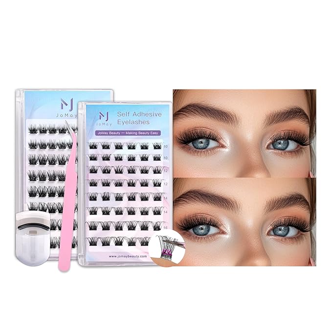 JoMay Self Adhesive Eyelashes, Press on Lashes No Glue Needed, Glueless Lashes Pre-Glued Natural Cluster Extension Kit D Curl For Beginners, No Sticky Residue 1 Step DIY 96PCS 10-16mm X02-X04