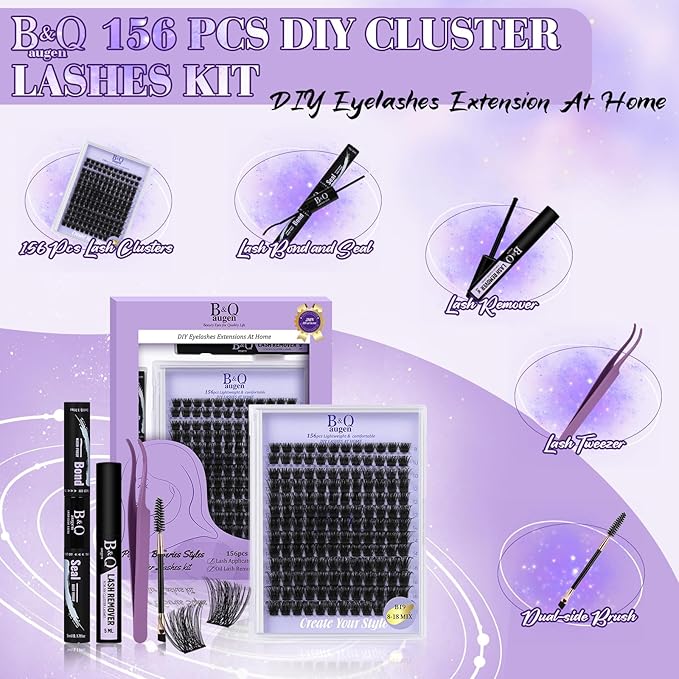 B&Q Wispy Lash Clusters Kit B19, DIY Lash Extension Kit 156PCS Eyelash Extension Kit, Soft Natural Lash Clusters 8-18MIX D Curl Lash cluster, Thin Black Band Cluster Eyelash Extensions (B19 Set)