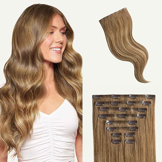 Luxy 100% Remy Human Hair - Seamless Clip-In Hair Extensions - Multi-Dimensional Color for Natural Blending, Adds Volume & Length 50 grams 12" Bronde Balayage Seamless