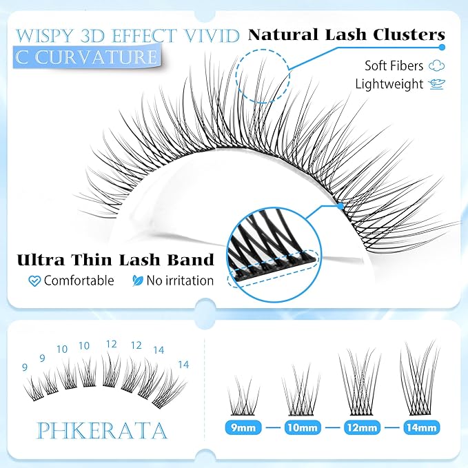 Natural Lash Clusters Wispy Eyelash Clusters 200Pcs Lashes Clusters C Curvature Individual Lashes DIY Cluster Eyelash Extensions with Soft Lash Band, 9-14 mm Mix