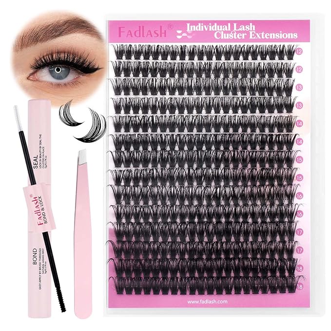 FADLASH DIY Lash Extension Kit Individual Lashes Cluster D Curl Eyelash Extension Kit with Lash Bond and Seal and Lash Applicator Tool for Self Application at Home (60D-0.07D-12-18MIX KIT)