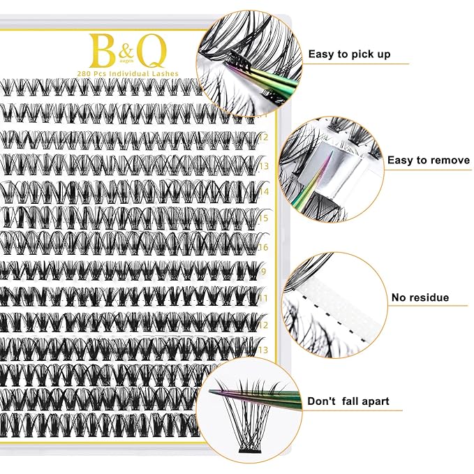 B&Q Lash Clusters 280PCS Natural Eyelash Clusters, 30D 40D C 12-18MIX Individual Lash Wispy Eyelash Extension with Soft Thin Band, Classic Look Pestañas Postizas Comfortable DIY at Home