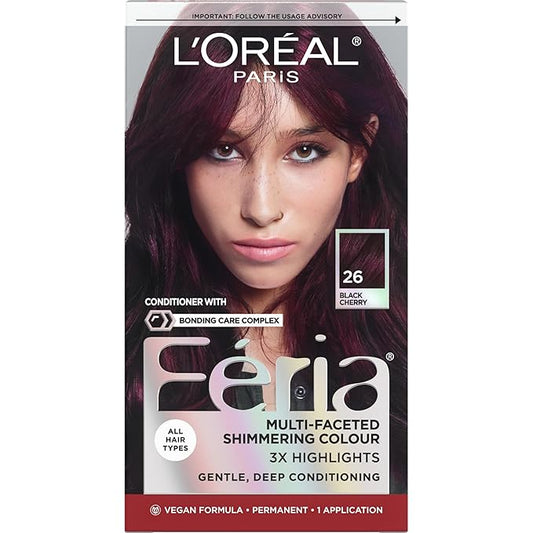 L’Oreal Paris Feria Multi-Faceted Shimmering Permanent Hair Color, High Intensity Hair Dye for 3X Highlights, 26 Black Cherry (Deepest Magenta), 1 Hair Dye Kit