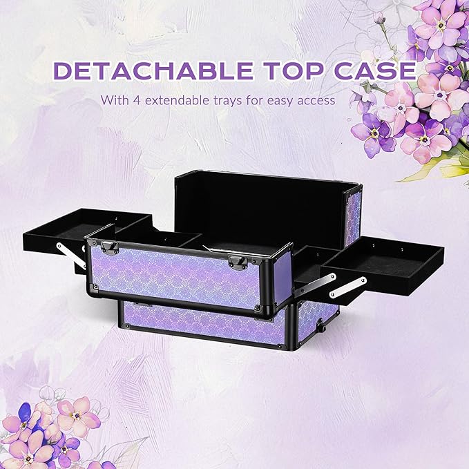 BYOOTIQUE 4in1 Makeup Rolling Case Nail Cart Organizer with Wheels False Eyelash Storage Hairdressing Brush Bags for Beauty Salon Hairstylist Barbershop,Charm ForgetMeNot
