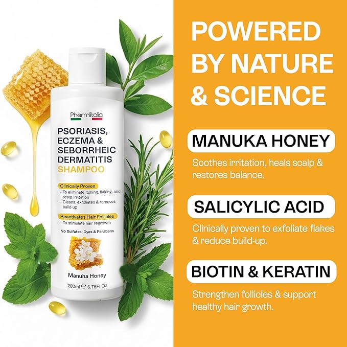 Psoriasis Shampoo for Dry & Itchy Scalp - Psoriasis Scalp Treatment for Eczema Relief, Seborrheic Dermatitis, Ringworm & Folliculitis - Itchy Scalp Shampoo for Flakes & Acne with Manuka Honey