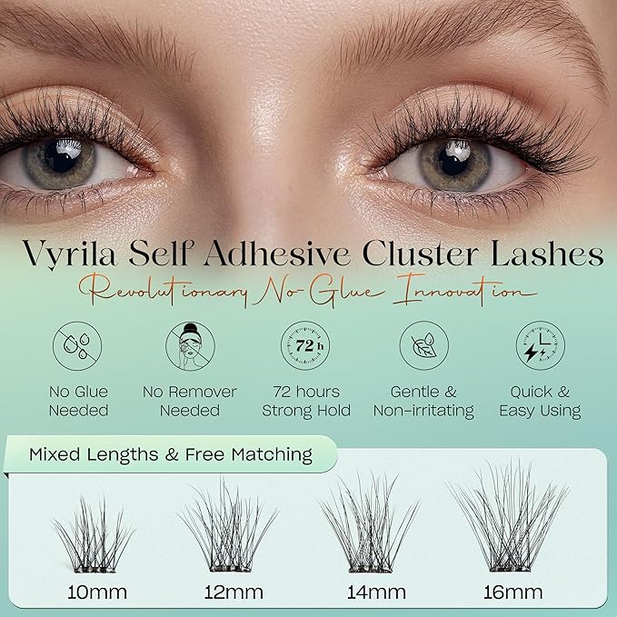 Self-Adhesive Lash Cluster, Pre-Glued Clusters, Pop-On Faux Eyelashes, 3D Thin Band D Curl Natural Look Lahses, Easy to Apply, Reusable 0.05mm Eyelash Extensions (Green Hush-D-0.05-10-16mix)