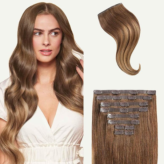 Luxy 100% Remy Human Hair - Seamless Clip-In Hair Extensions - Multi-Dimensional Color for Natural Blending, Adds Volume & Length 240 grams 24" Chestnut Brown Balayage
