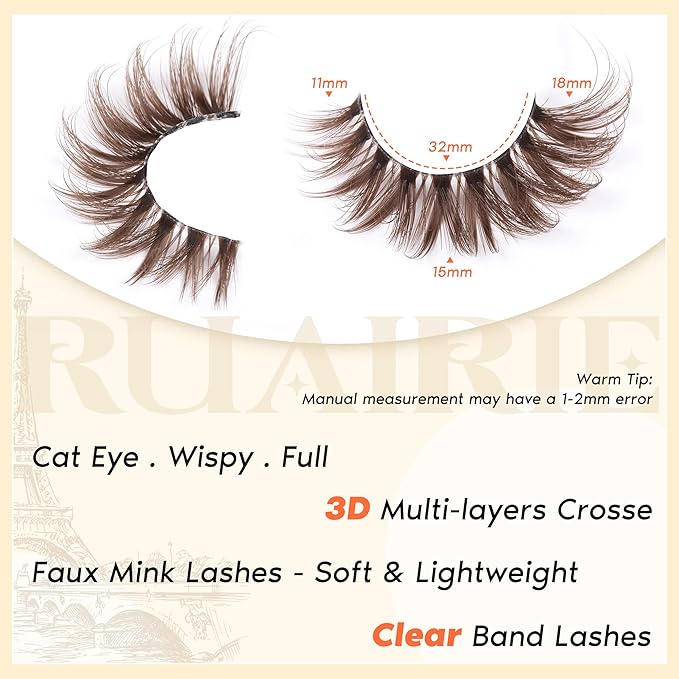 Brown Lashes Wispy Cat Eye Lashes Brown Eyelashes Clear Band CD-Curly False Eyelashes 7 Pairs Fake Eyelashes 11-18mm Full Strip Lashes by Ruairie