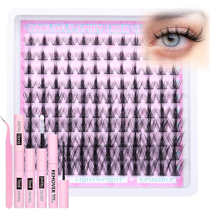 Lash Clusters Kit Spiky Eyelash Clusters Kit Wispy Cluster Eyelash Extensions Kit 8-16mm Manga Lash Extension Kit Natural Cluster Lashes with Lash Cluster Glue, Tweezers and Remover by zanlufly
