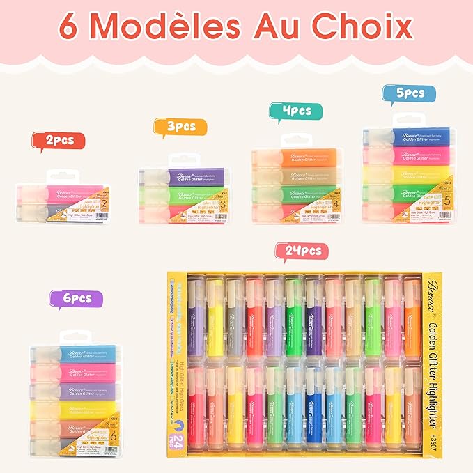Gold Glitter Highlighters - Chisel Tip, No Bleed, Assorted Colors - 24 Pack Metallic Colors Cute Highlighter Markers, Pastel Highlighters for Journaling and School Supplies for Girls