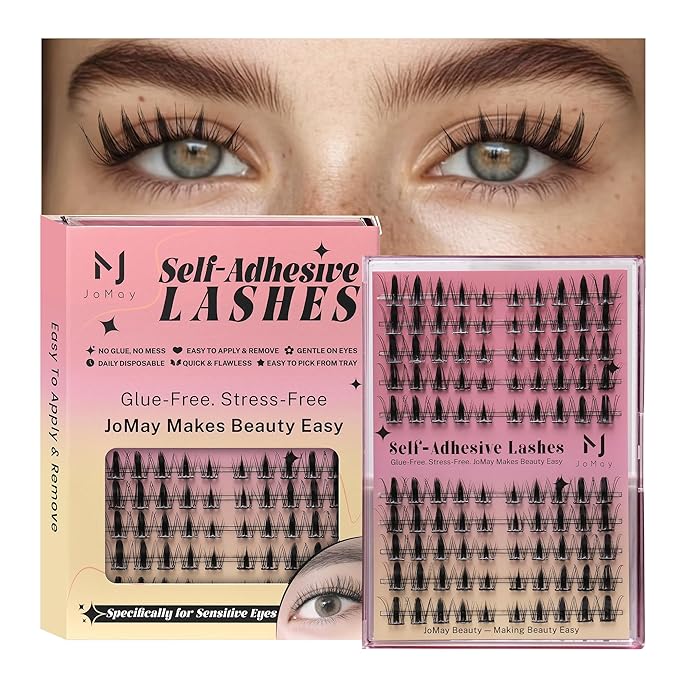 JoMay Self Adhesive Press On Lashes No Glue Needed, Pre-Glued Clusters with Thin Band, Natural Wide-Eye Effect, Reusable for Beginners, Pre-Separated L/R 10 Pairs - Doll Eye Lash Clusters