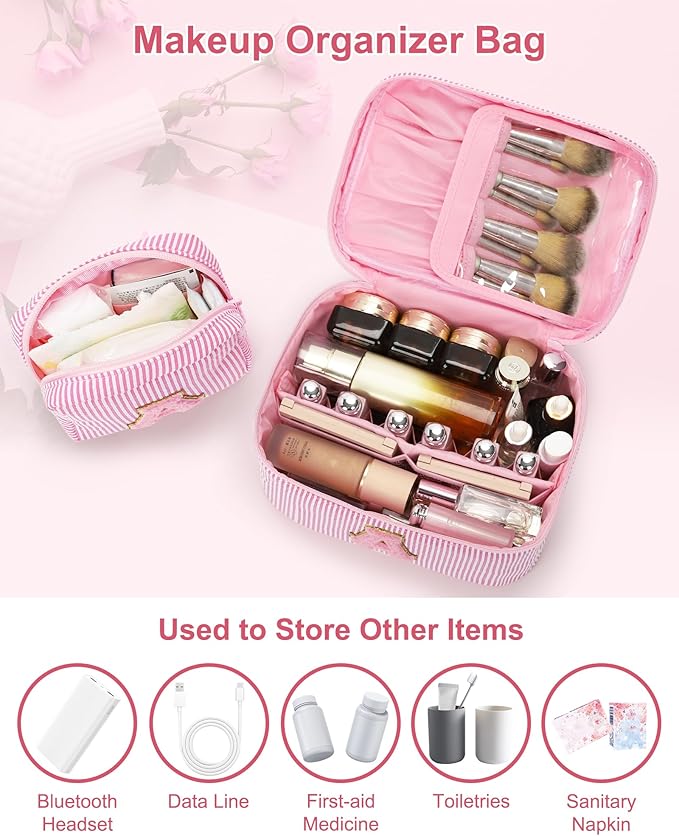 Travel Makeup Bag for Women,Make Up Pouch for Girlfriend Bridesmaid Wife,Birthday Gift for Her Cute Monogram Cute Initial Toiletry Bag Set,2PCS Pink H