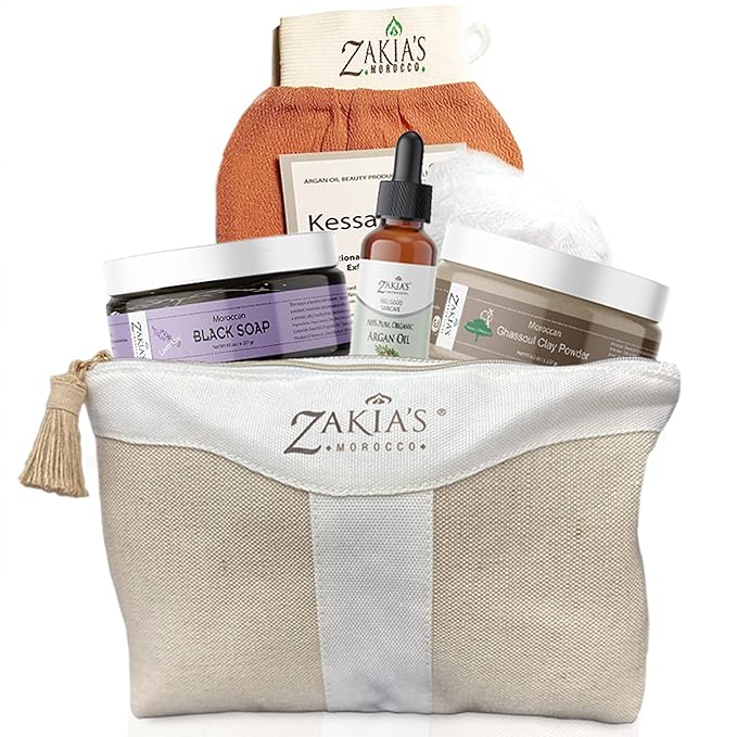 Moroccan Hammam Spa Rejuvinating Ritual Beauty Skincare Kit - 6 piece, Moroccan Lavender Black Soap, Body Clay, Argan Oil, Pure & Natural, Purifying, Cleansing, exfoliating for every skin type.