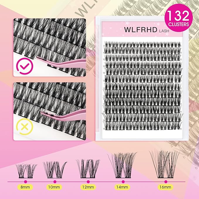 WLF Lash Clusters Kit, 132 pcs Individual Eyelash Clusters Lash Extension Kit D Curl Wispy Lash Kit with Eyelash Bond and Seal and Applicator for False Eyelash Extensions(Vale-Mix 8-16mm Kit)