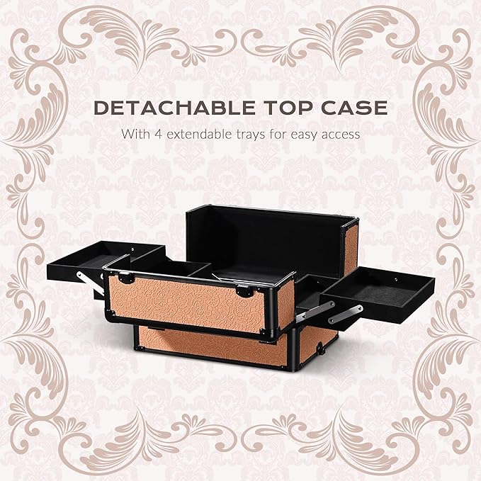 BYOOTIQUE 4in1 Cosmetology Rolling Case Nail Tech Storage Cart Makeup Torrley Travel Barber Suitcase False Eyelash Storage for Beauty Studio Nail Salon Wedding Make up Attist Manicurist,Rococo Coral