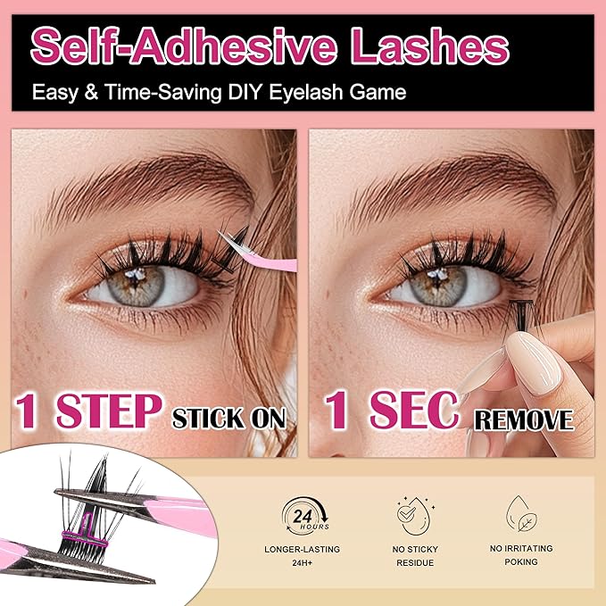 JoMay Self Adhesive Press On Lashes No Glue Needed, Pre-Glued Clusters with Thin Band, Natural Wide-Eye Effect, Reusable for Beginners, Pre-Separated L/R 10 Pairs - Doll Eye Lash Clusters