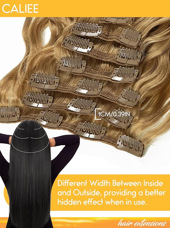 Caliee Natural Wave Remy Human Hair for Black Women 20Inch Full Head Curly Clip in Hair Extension #27 Strawberry Blonde Wavy Curly Hair Extensions Clip Ins Double Weft 7Pcs 120gram Per Pack