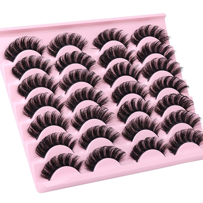 False Eyelashes Volume Russian Strip Lashes D-Curly Cat Eye Lashes Natural Fake Eyelashes Extension Handmade Soft Reusable 14 Pairs Wispy Lashes Pack