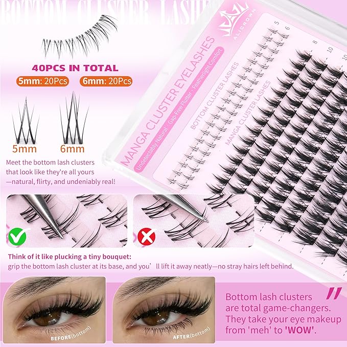 Manga Lash Clusters Kit Spiky Eyelash Clusters Kit with Bottom Cluster Eyelash Extensions Wispy Individual Lashes Kit with Lash Bond and Seal 8mm-16mm Doll Lash Extensions Kit