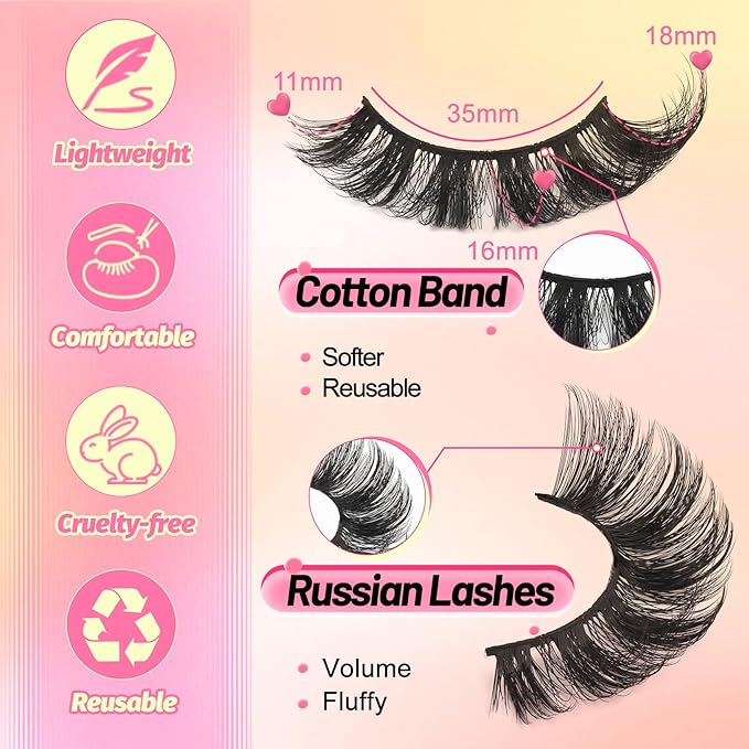 Ahrikiss Lashes Volume Faux Mink Eyelashes D Curl Fluffy False Lashes Russian Strip Lashes Lash Wispy 10 Pairs Cat Eye Lashes Pack(R2)