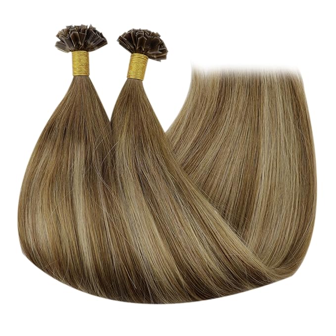 Full Shine Keratin Tip Hair Extensions Human Hair 18 Inch 50 Grams Color 4/24/4 Brown and Blonde Invisible Ktip Human Hair Extensions Fusion Extensions Natural Remy Hair