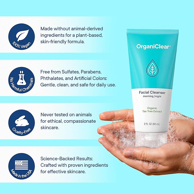 Facial Cleanser w/Organic Tea Tree & Salicylic Acid – Gentle Daily Foaming Gel Face Wash for Deep Cleansing & Makeup Removal – Unclogs Pores, Eliminates Dirt & Oil - No Dryness, (2 oz)