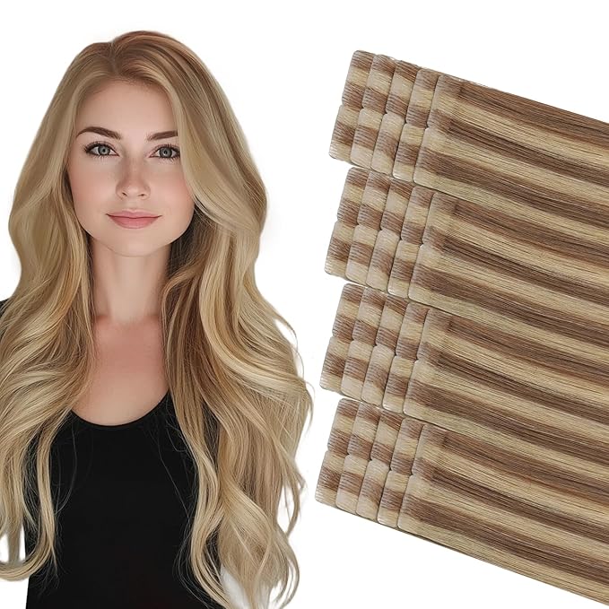 COOKAYU Invisible Tape in Hair, Gold Brown to Caramel Blonde 20pcs/pack 22Inch 50g Seamless Tape in Extensions Real Human Hair Injected Invisi Edge Extensions