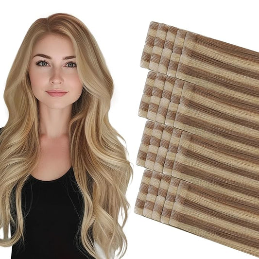 COOKAYU Invisible Tape in Hair, Gold Brown to Caramel Blonde 20pcs/pack 18Inch 40g Seamless Tape in Extensions Real Human Hair Injected Invisi Edge Extensions