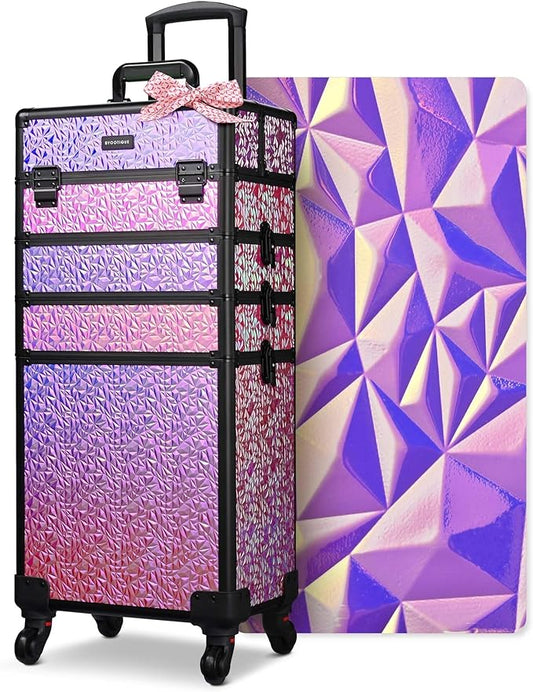 BYOOTIQUE 4in1 Rolling Cosmetology Case on Wheels Hairdressing Brush Bags Cosmetic Organizer Lash Storage Box for Makeup Artist Beauty Salon Nail Technician Hairstylist,Mermaid Pink