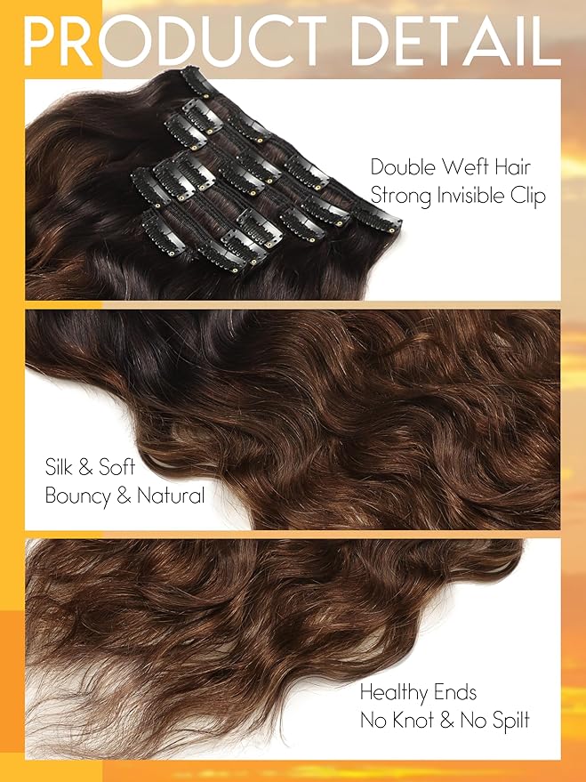 Caliee Curly Clip in Hair Extensions Human Hair 18Inch Ombre Natural Black into Dark Brown Natural Wave Curly Clip in Extensions for Black Women Double Weft Clip Ins Hair 120g #T1B/4 7Pcs