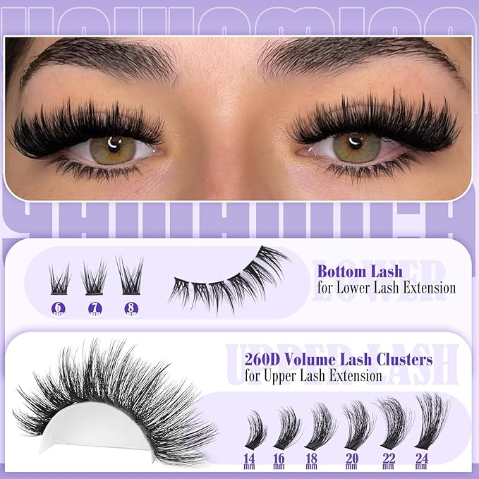 Volume Lash Clusters with Bottom Lashes Wispy Fluffy Eyelash Clusters Manga Lashes Clusters with Spikes 14-24mm Long 260D Thick Cluster Eyelash Extensions D Curl 236pcs Individual Lashes by Yawamica
