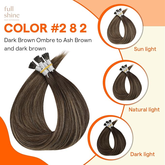 Full Shine Itip Human Hair Extensions 16 Inch 40 Grams I Tip Hair Extensions Real Human Hair Darkest Brown Ombre Ash Brown Fusion Extensions Remy Hair for Women