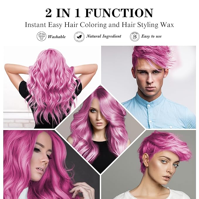 4.23 oz Temporary Pink Hair Color Wax with Dye Brush, Instant Natural Hairstyle Cream, Disposable Coloring Mud for Women Men Youth, Washable Styling Pomades, Party Cosplay DIY Halloween